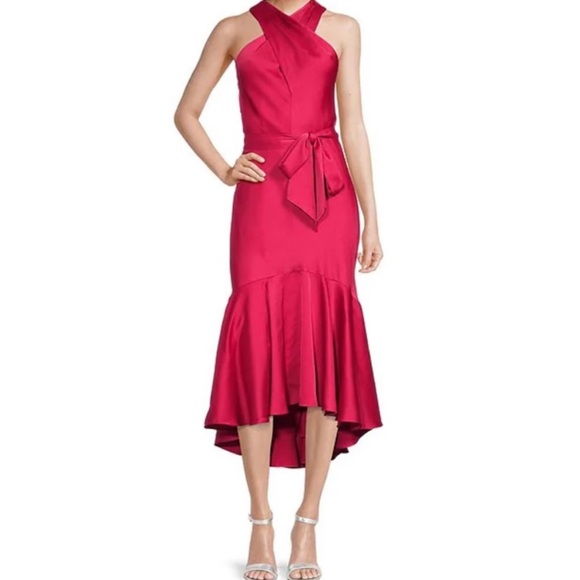 Taylor Satin Ruffle Crisscross Halter Neck Sleeveless Flounce High Low Dress - Picture 1 of 9